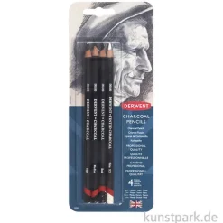 Derwent CHARCOAL, 4 Kohlestifte, Light, Dark, Medium und Weiß im Set
