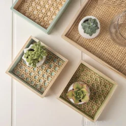 Holz Deko Tablett Set, Natur, 31,5 x 21,5 x 3 cm, 6-teilig