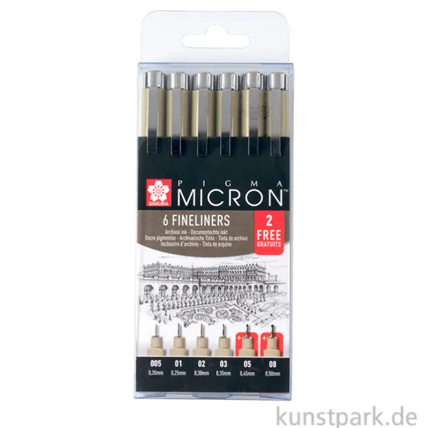 Sakura PIGMA Micron 4+2 Set - 6 Fineliner 0,2-0,5 mm, Schwarz