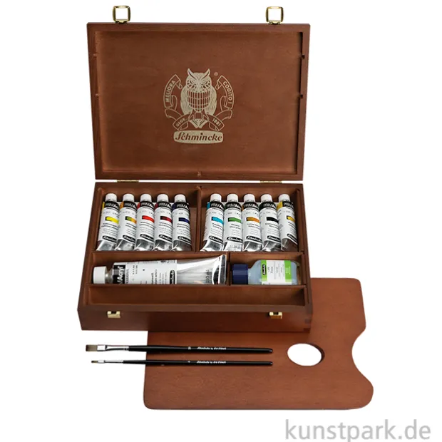 Schmincke PRIMAcryl Holzkasten, 10 x 35 ml + 150 ml Weiß + Zubehör