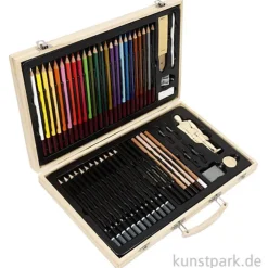 Skizzen-Starter-Set für Zeichner mit viel Zubehör im Holzkoffer