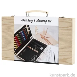 Skizzen-Starter-Set für Zeichner mit viel Zubehör im Holzkoffer