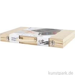 Skizzen-Starter-Set für Zeichner mit viel Zubehör im Holzkoffer