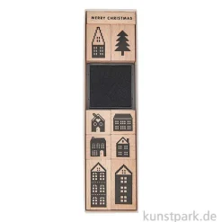 Stempelset - Häuser mit 9 Holzstempeln + Stempelkissen