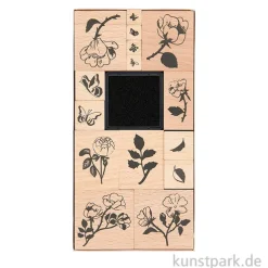 Stempelset - La Vie en Rose, Roses, 15 Holzstempel + Stempelkissen
