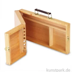 Utensilienkoffer aus hellem Holz, klappbar mit Pinselfächern