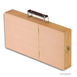 Utensilienkoffer aus hellem Holz, klappbar mit Pinselfächern